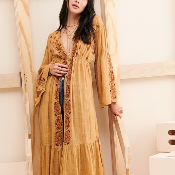 Free People Dresses & Skirts - Free People Good Vibes Embroidered Kimono Duster Mustard Gold Size XS/S
